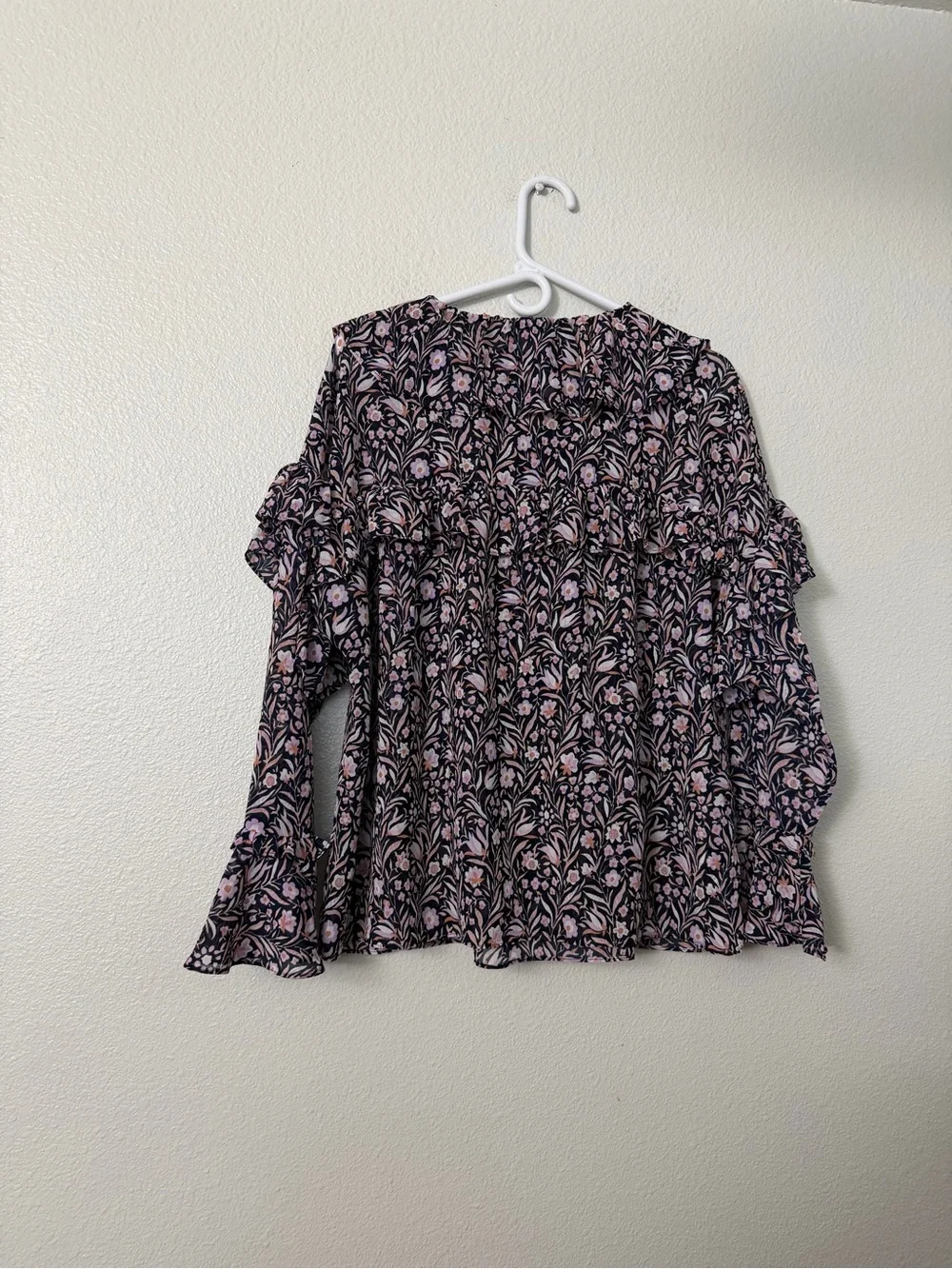 J. Crew Black Floral Ruffle-Sleeve Blouse with Pink Print Sz XL